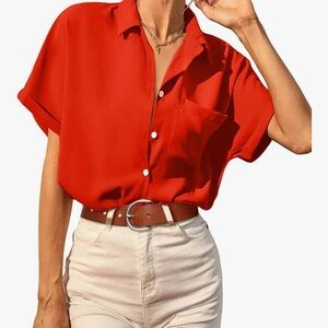 Women's Red Short Sleeve Button-Up